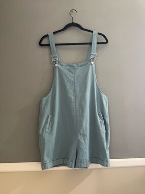 Light Blue Cotton Linen-Blend Short Overalls Pockets Adjustable Straps Large